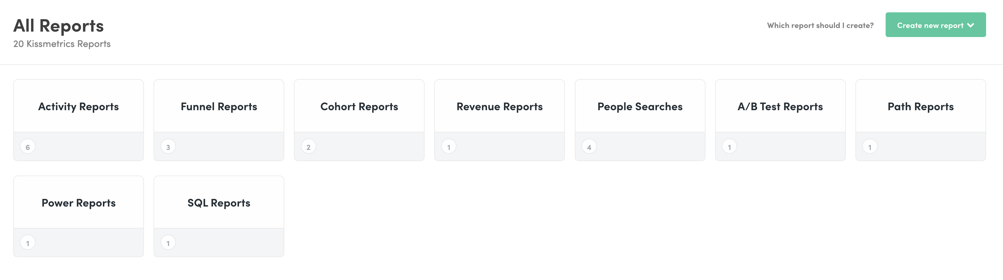 Nine report types including funnels, cohorts, and revenue