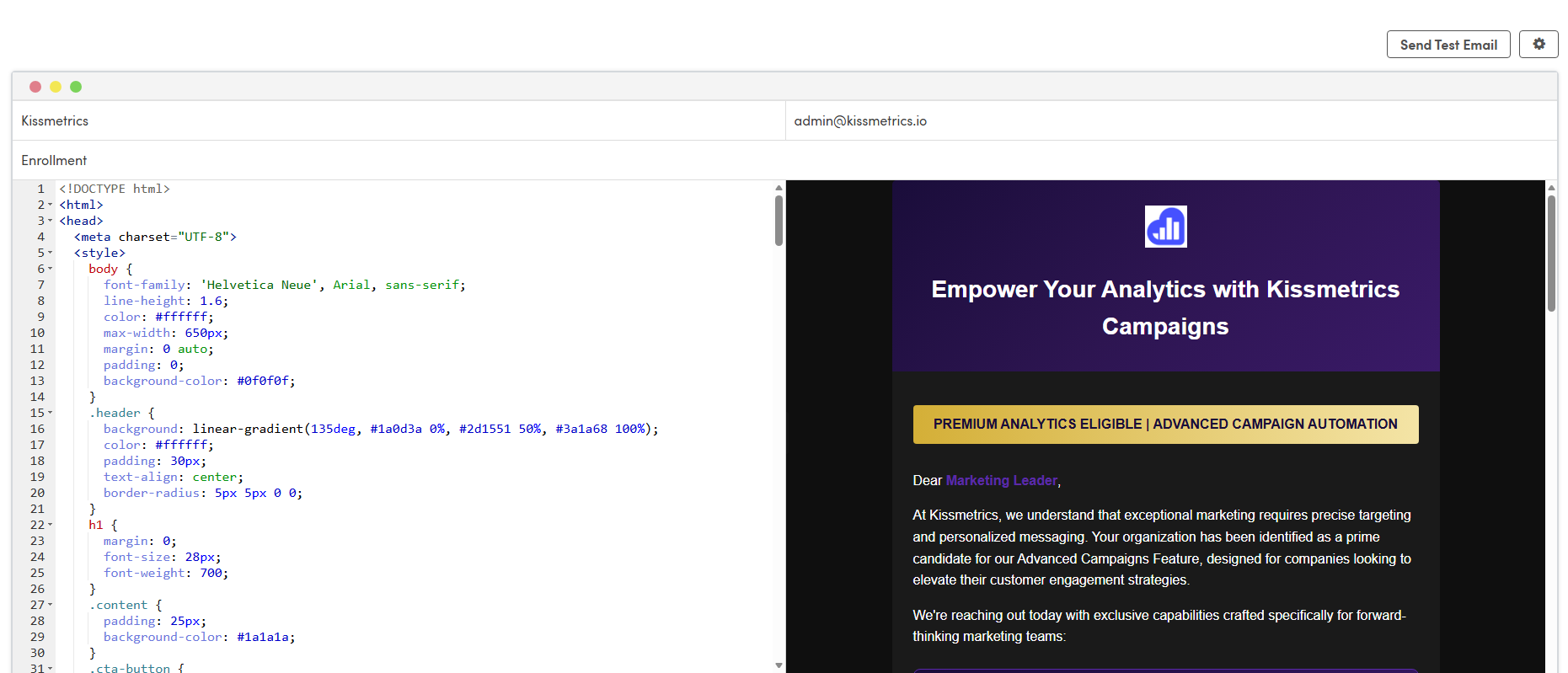 KISSmetrics Campaigns email builder with HTML editor and preview